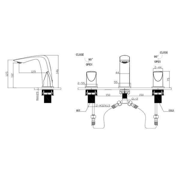 NEWARC - Loft 3 Delikli Lavabo Bataryası Krom