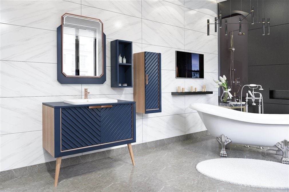 Aquanil Migella 100 cm  Banyo Dolabı Lacivert-Meşe