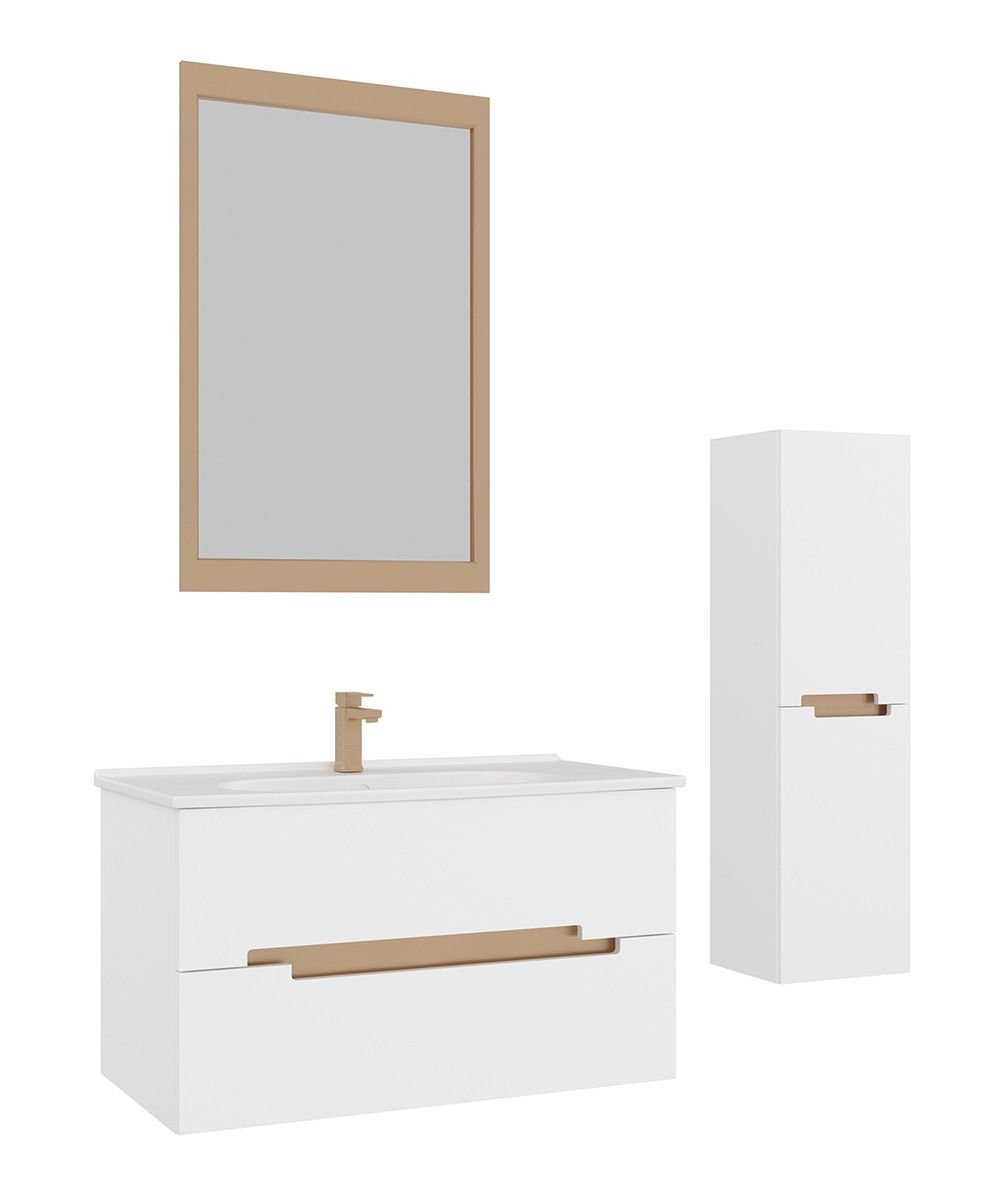 Orka Lodi 100 cm Beyaz Altın Banyo Dolabı