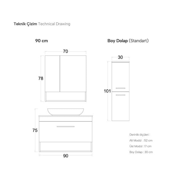 Shower  Adel 90 cm Legnano Banyo Dolabı