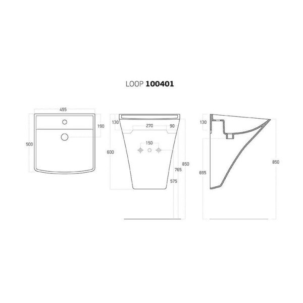 Lucco Loop 50 cm Monoblok Lavabo, Parlak Siyah