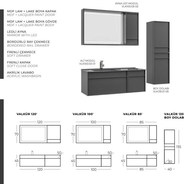 Belinza Valkür 100 cm Banyo Dolabı Antrasit
