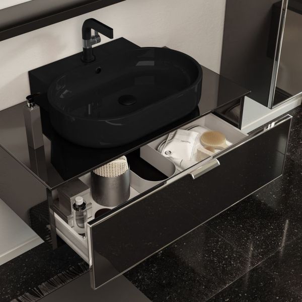 Orka Yalıköy 90 cm Beyaz Lavabolu Siyah Banyo Dolabı