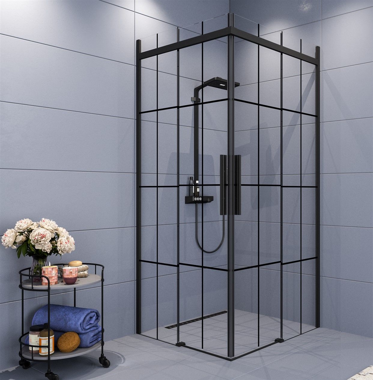 Aquanil Clase 100x100  Kare Çizgili Siyah Duşakabin 100x100