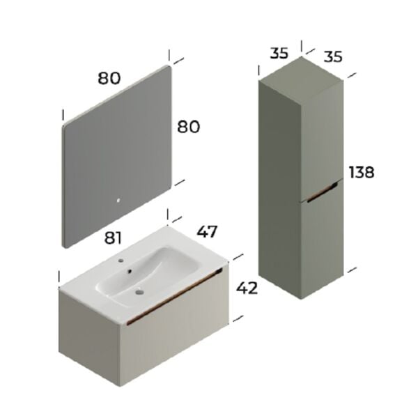 Smart İbiza 80 cm Mat İpek Gri Banyo Dolabı