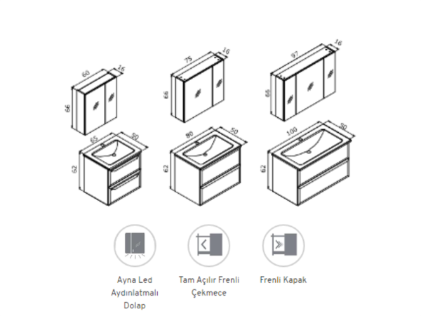 Orka Nuvola 100 cm Parlak Antrasit Banyo Dolabı