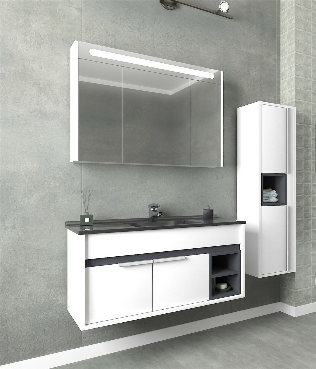 Aquanil Napoli 100 cm Beyaz-Antrasit Siyah Lavabolu Banyo Dolabı