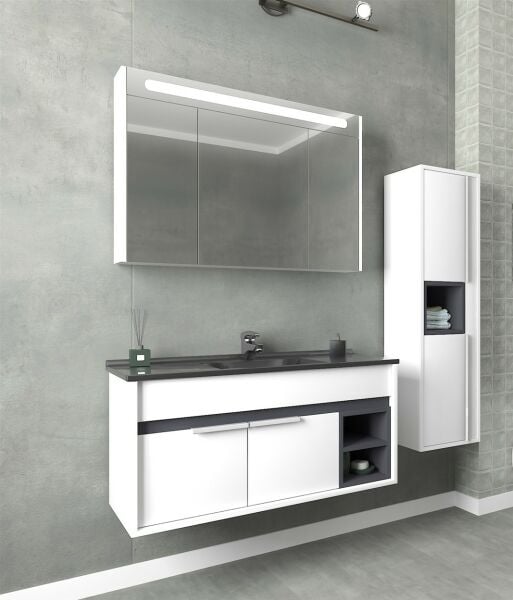 Aquanil Napoli 100 cm Beyaz-Antrasit Siyah Lavabolu Banyo Dolabı