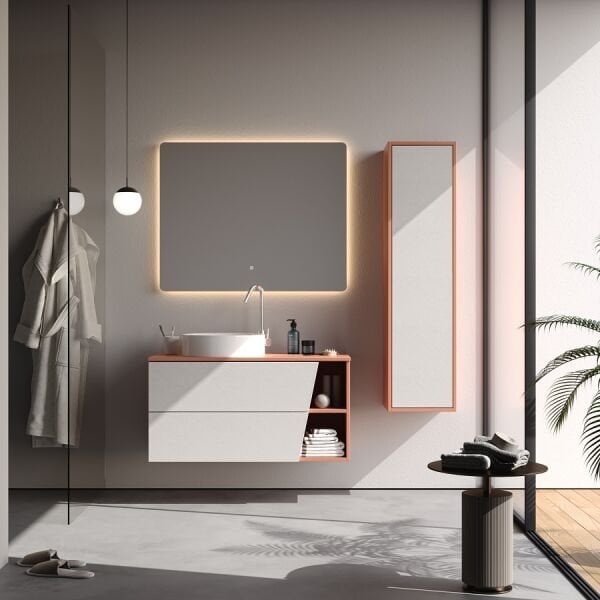 Smart Riva 100 cm Mat Bej Kırmızı Banyo Dolabı