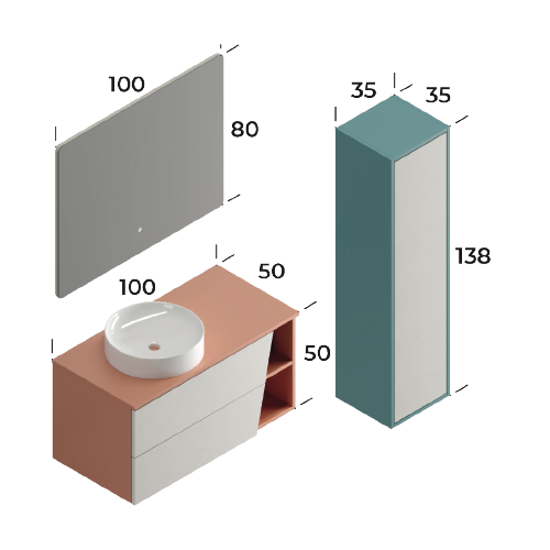 Smart Riva 100 cm Mat Bej Kırmızı Banyo Dolabı