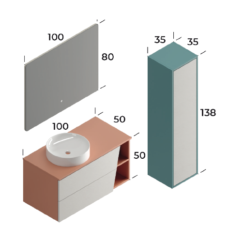 Smart Riva 100 cm Mat Bej Kırmızı Banyo Dolabı