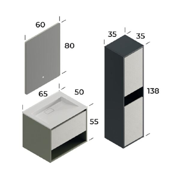 Smart Duru 65 cm Mat Çimento Gri Banyo Dolabı