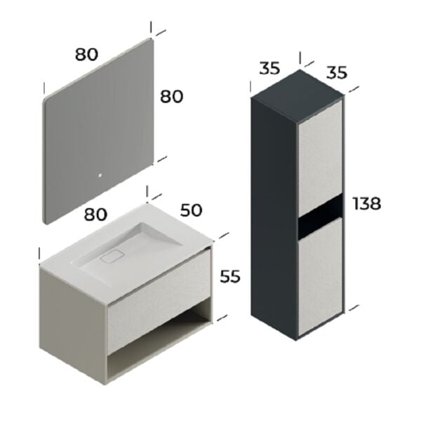 Smart Duru 80 cm Mat İpek Gri Banyo Dolabı