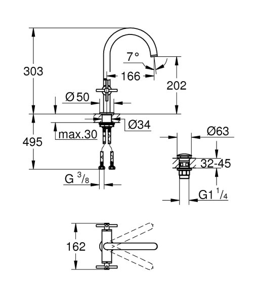 Grohe Atrio Tek delikli lavabo bataryası 1/2″ L-Boyut Krom