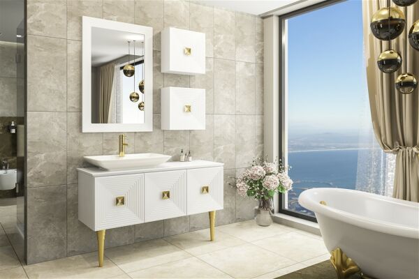 Aquanil Mostar 120 cm Beyaz Lavabolu Banyo Dolabı Beyaz-Altın
