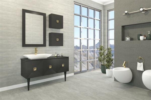 Aquanil Mostar 120 cm Beyaz Lavabolu Banyo Dolabı Siyah-Altın