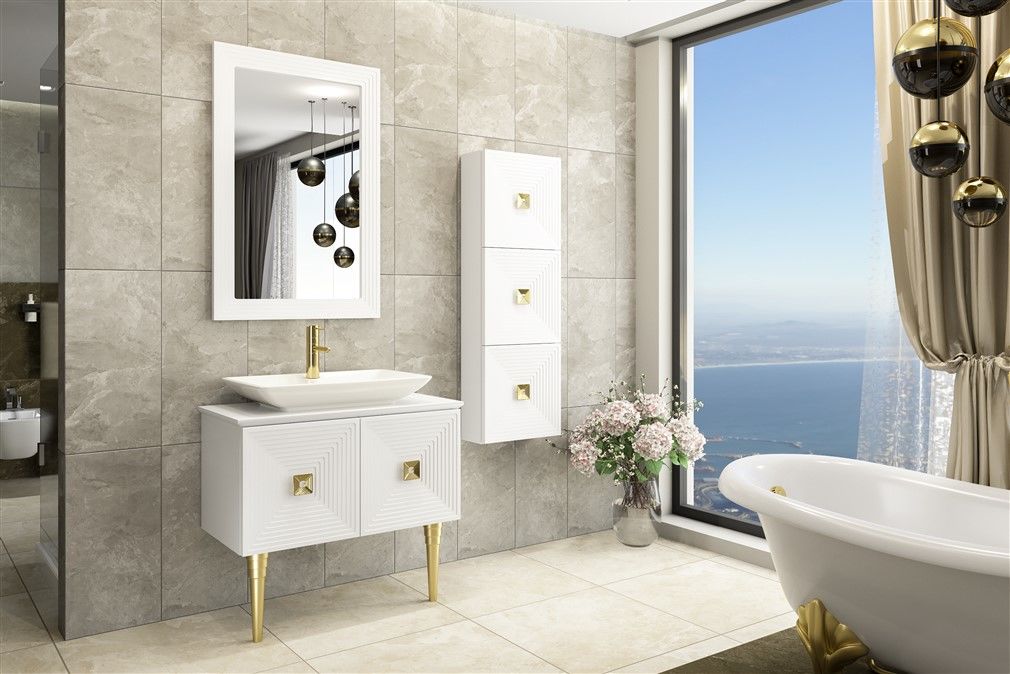 Aquanil Mostar 80 cm Beyaz Lavabolu Banyo Dolabı Beyaz-Altın