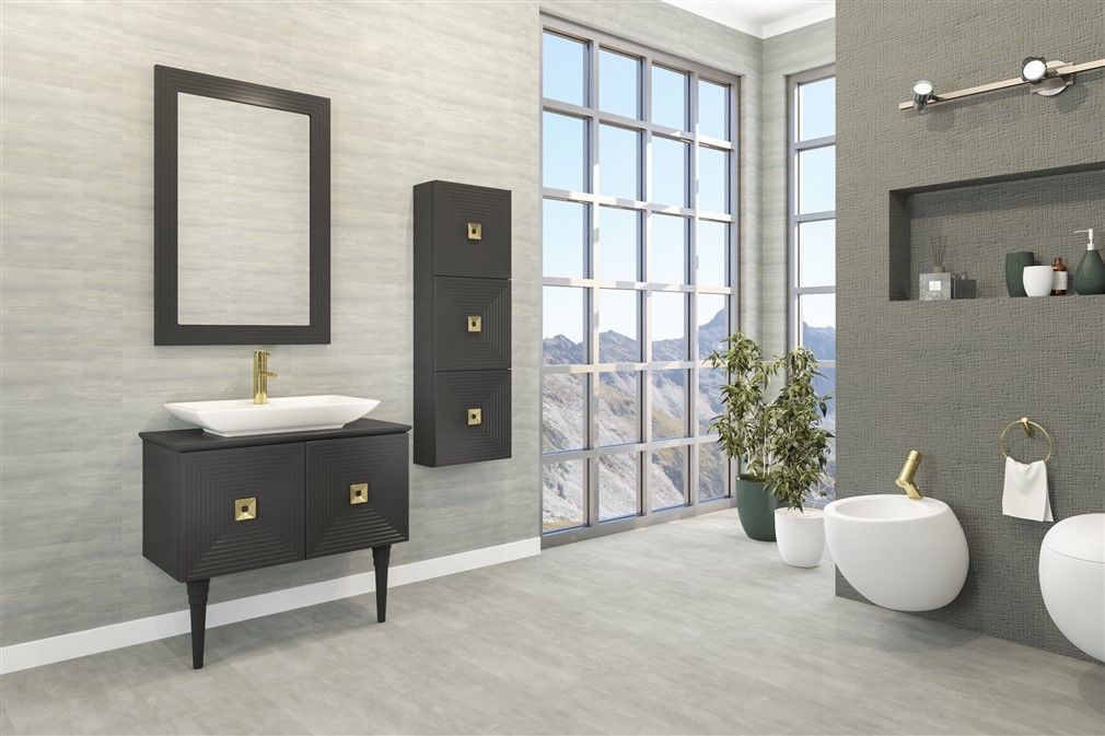 Aquanil Mostar 80 cm Beyaz Lavabolu Banyo Dolabı Siyah-Altın