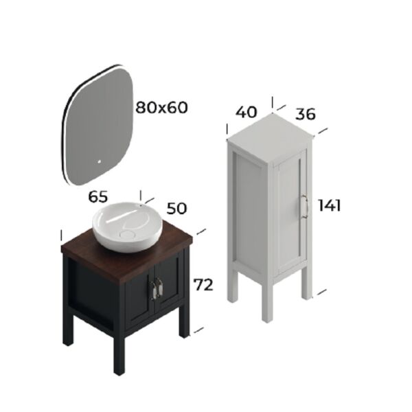Smart London 65 cm Mat Siyah Banyo Dolabı