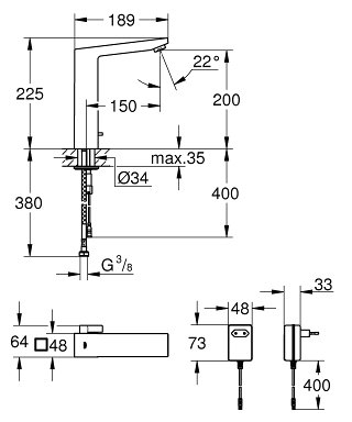 Grohe Eurocube E Fotoselli lavabo bataryası çift su girişli ayarlanabilir sıcaklık sınırlayıcısı