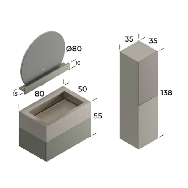 Smart Roma 80 cm Mat Çimento Gri Banyo Dolabı