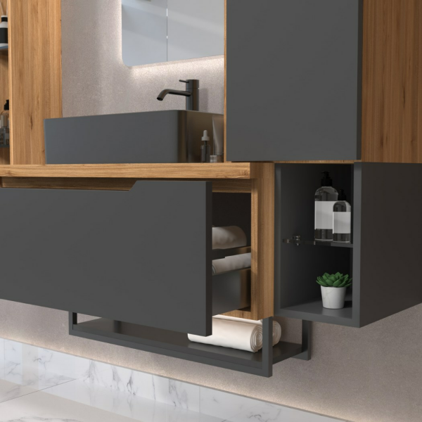 Aquanil Melody 90 cm Beyzade-Antrasit Banyo Dolabı