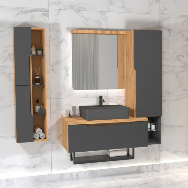 Aquanil Melody 90 cm Beyzade-Antrasit Banyo Dolabı