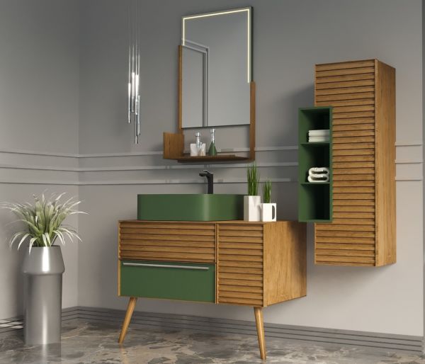 Aquanil Zelena 100 cm Yeşil-Meşe Banyo Dolabı
