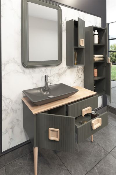 Aquanil Zürih 100 cm Siyah Lavabolu  Banyo Dolabı Antrasit-Kayın