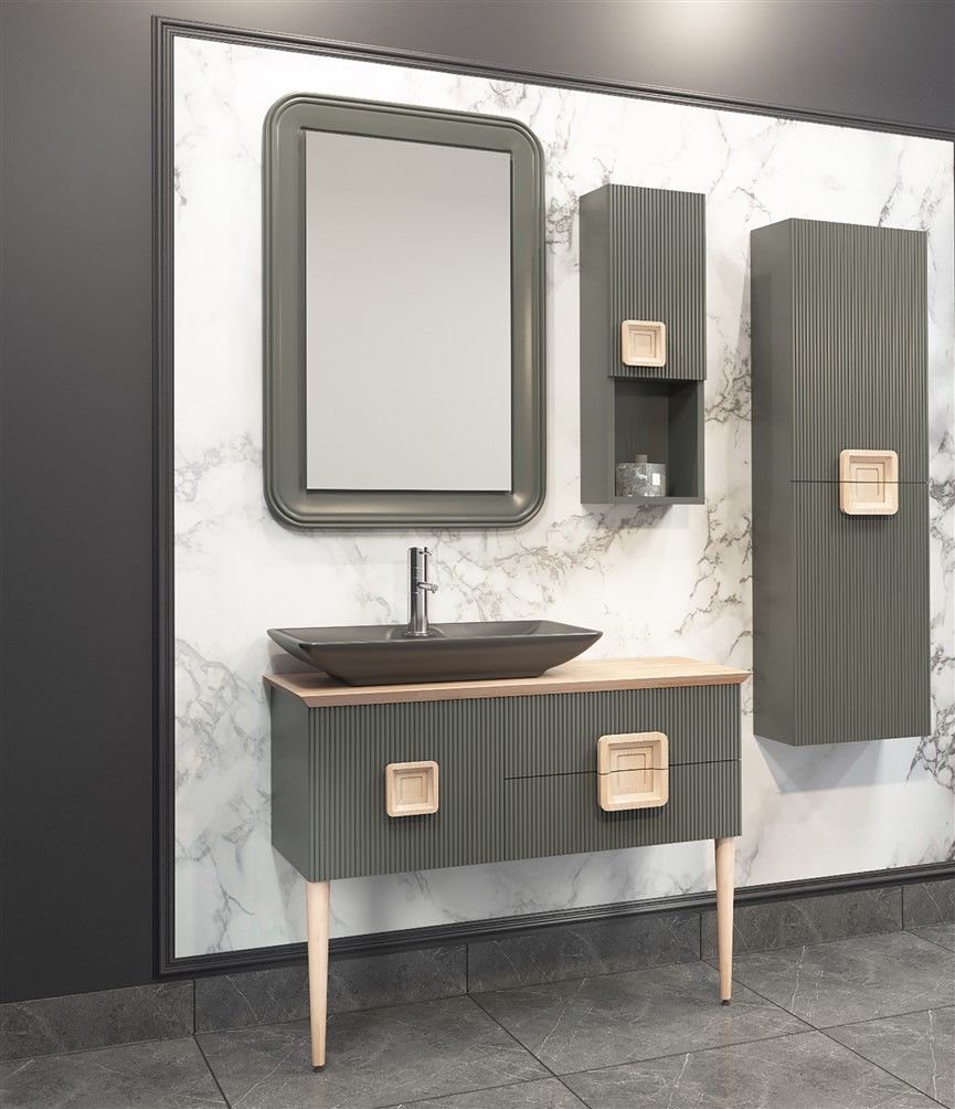 Aquanil Zürih 100 cm Siyah Lavabolu  Banyo Dolabı Antrasit-Kayın
