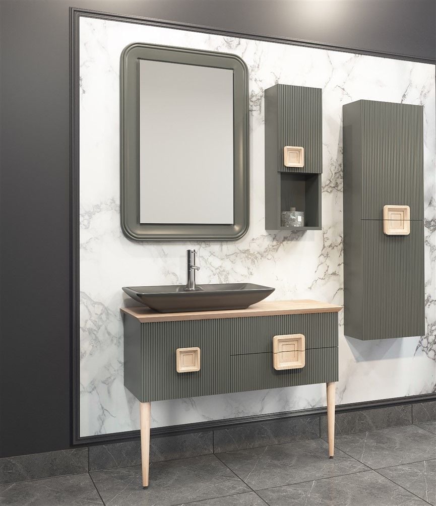 Aquanil Zürih 100 cm Siyah Lavabolu  Banyo Dolabı Antrasit-Kayın