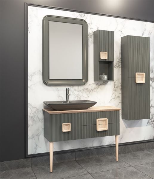Aquanil Zürih 100 cm Siyah Lavabolu  Banyo Dolabı Antrasit-Kayın