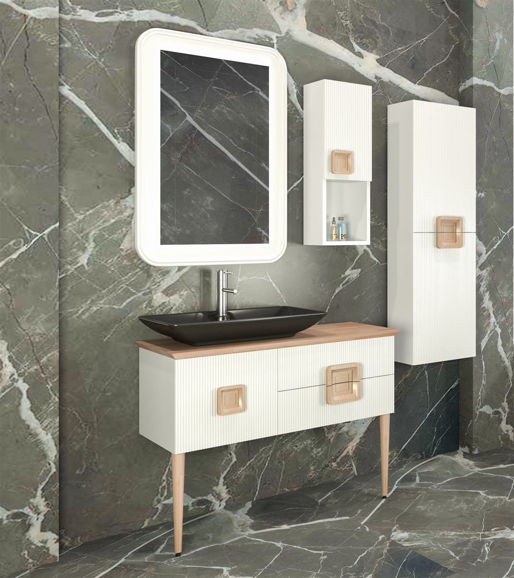 Aquanil Zürih 100 cm Siyah Lavabolu  Banyo Dolabı Beyaz-Kayın