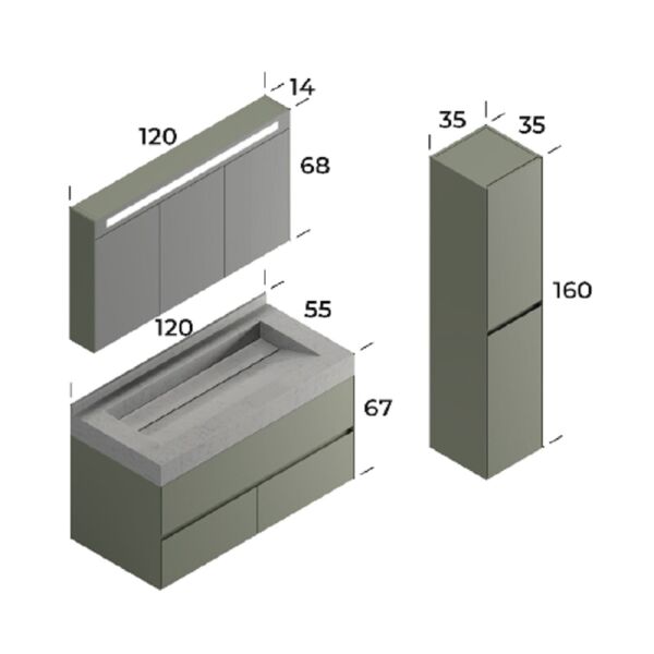 Smart Lucca 120 cm Mat Çimento Gri Banyo Dolabı