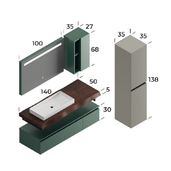 Smart Milano 140 cm Mat Koyu Yeşil Banyo Dolabı