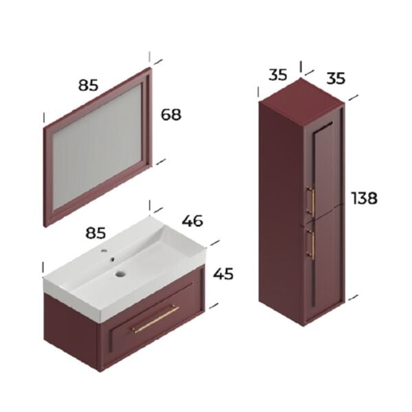 Smart Napoli 85 cm Mat Vişne Banyo Dolabı