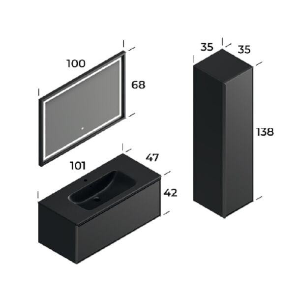 Smart Fonte 100 cm Mat Siyah Banyo Dolabı
