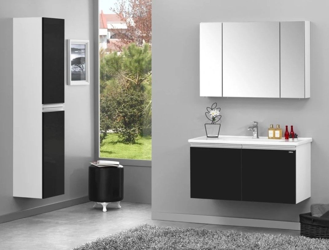 Orka Terme Kapaklı 100 cm Parlak Siyah Banyo Dolabı