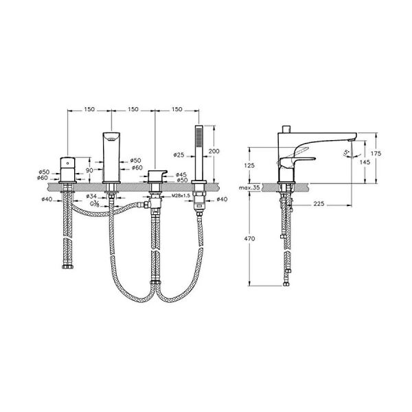 Artema Root Round 4 Delikli Küvet Bataryası, El Duşlu, Mat Siyah