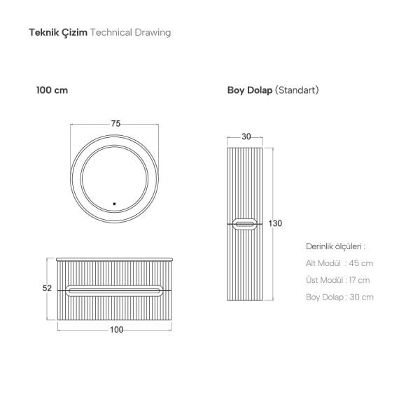 Shower Blue 100 cm Karbon Gri Banyo Dolabı