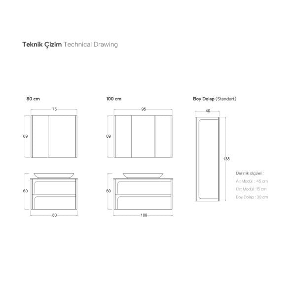 Shower Hitit 80 cm Antrasit Banyo Dolabı
