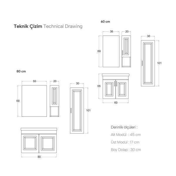 Shower Loren 80 cm Antrasit Banyo Dolabı