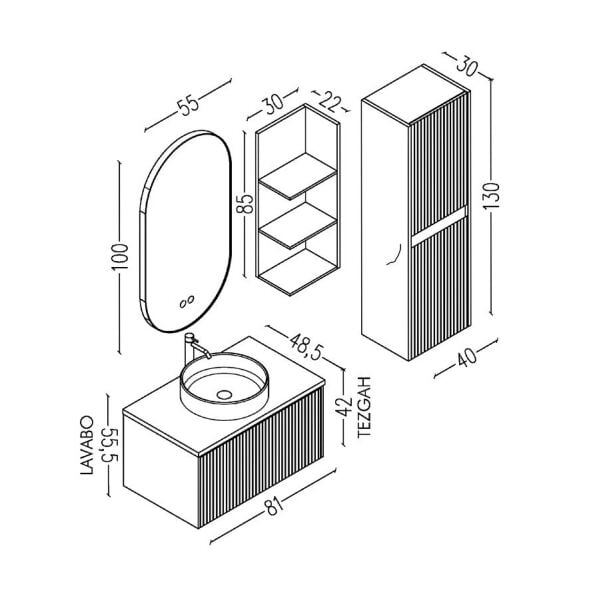 Aquanil Almonde 80 cm Krem Siyah Lavabolu Banyo Dolabı