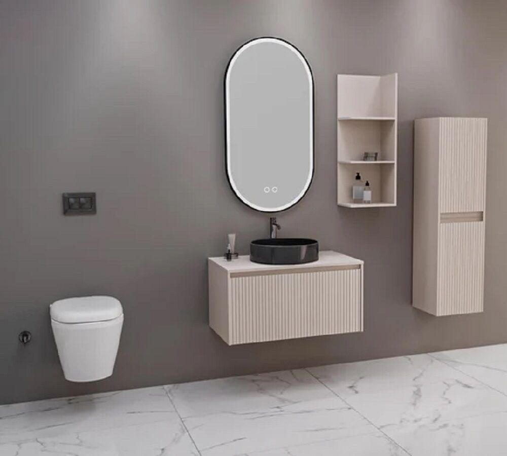 Aquanil Almonde 80 cm Krem Siyah Lavabolu Banyo Dolabı