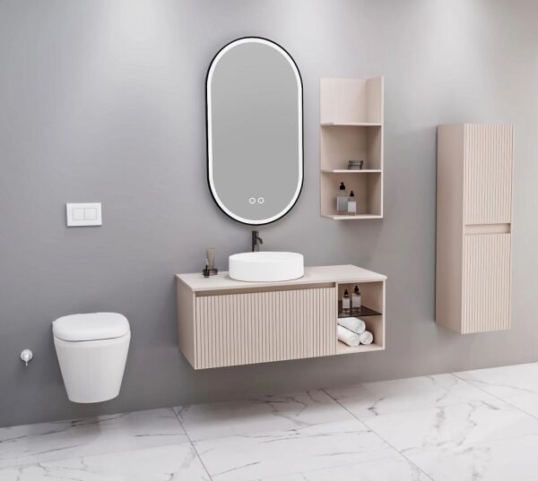Aquanil Almonde 100 cm Krem Beyaz Lavabolu Banyo Dolabı