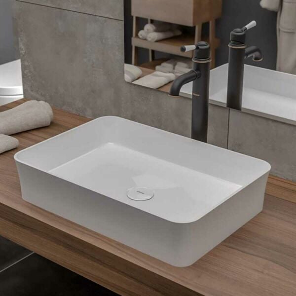 BOCCHI Slim Line Dikdörtgen Tezgah Üstü Lavabo 55 cm, Parlak Beyaz