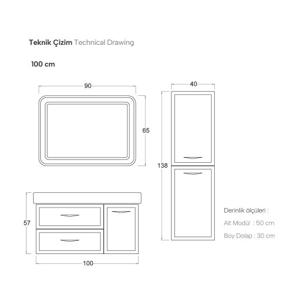 Shower Truva 100 cm Beyaz Banyo Dolabı