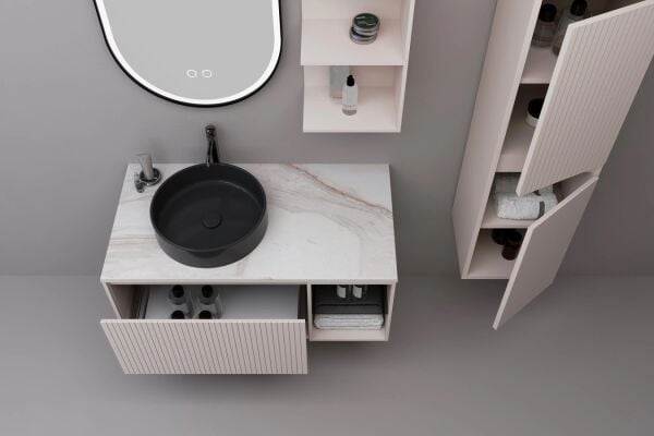 Aquanil Almonde 100 cm Krem Siyah Lavabolu Banyo Dolabı