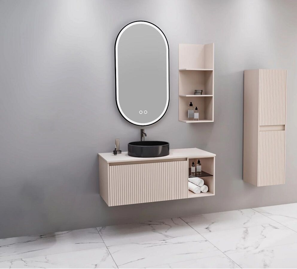 Aquanil Almonde 100 cm Krem Siyah Lavabolu Banyo Dolabı