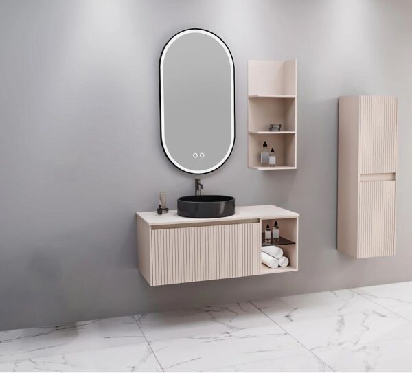 Aquanil Almonde 100 cm Krem Siyah Lavabolu Banyo Dolabı